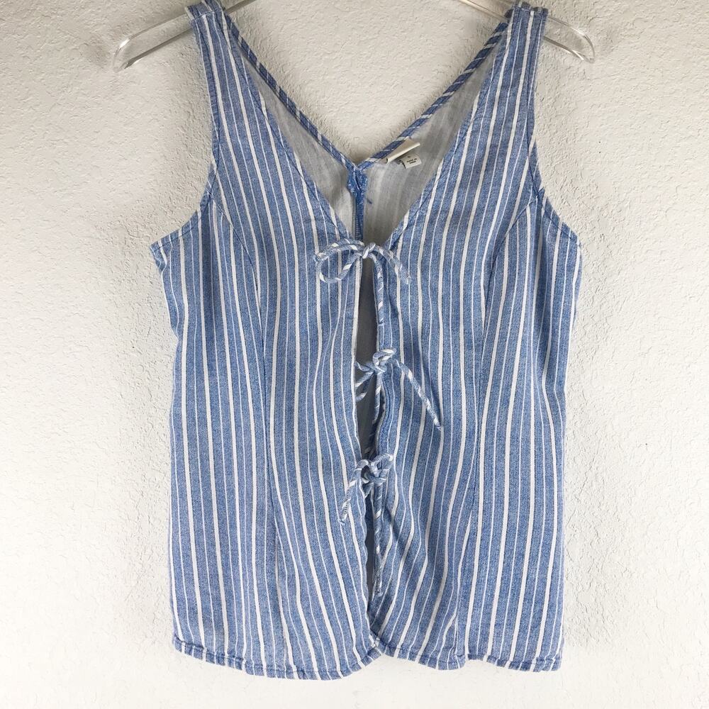 A New Day Linen Blend Tie Front Striped Sleeveless Top Beach Summer Boho Size S